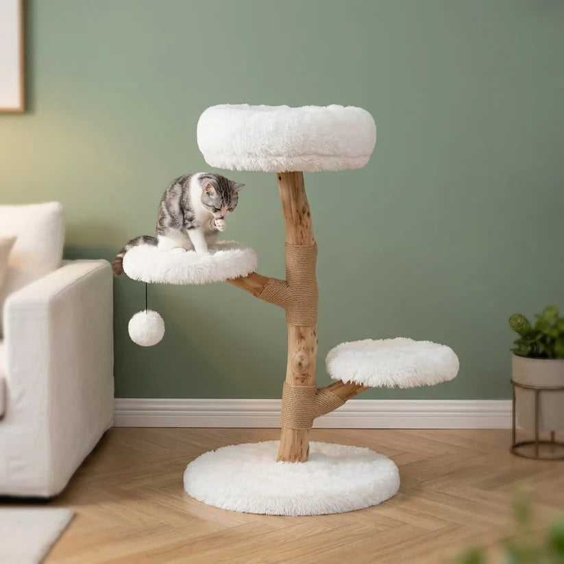 Arbre à chat Strand vu de trois quarts, assises rembourrées visibles