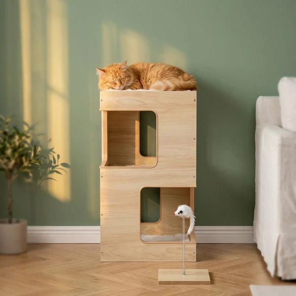 Chat installé sur le coussin du meuble arbre à chat Ek