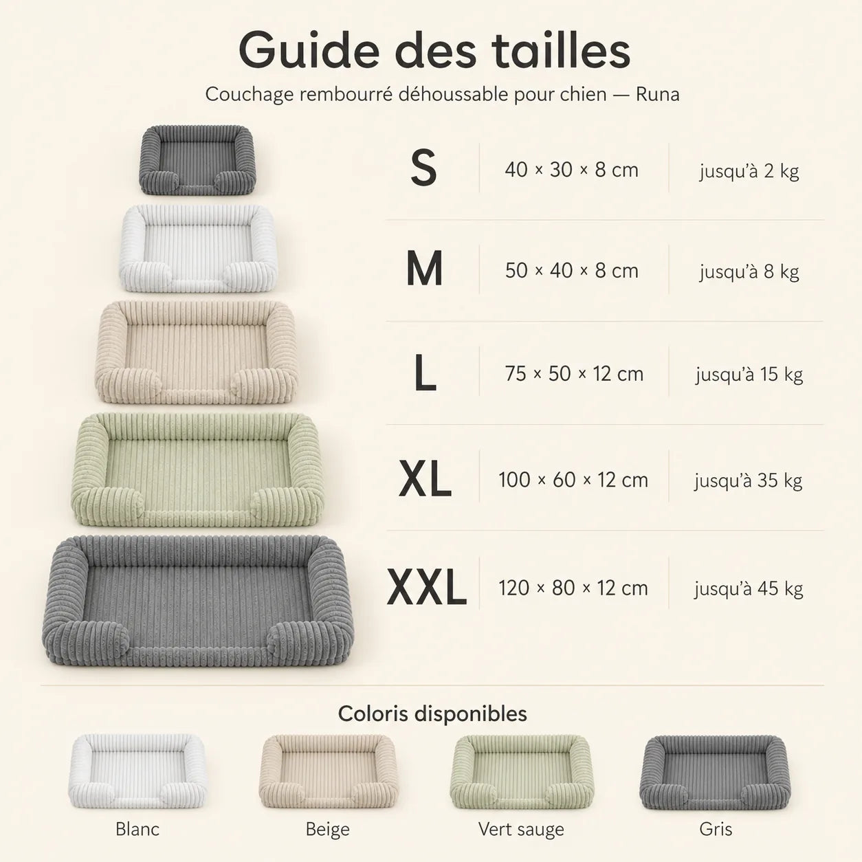 Guide des tailles du couchage pour chien Runa
