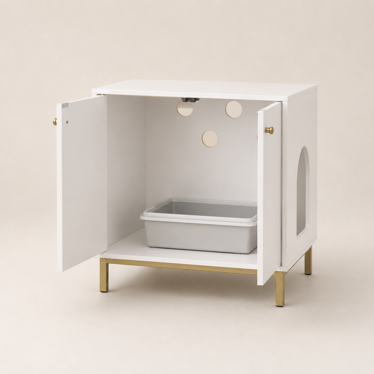Meuble cache-litière blanc et or — Kube