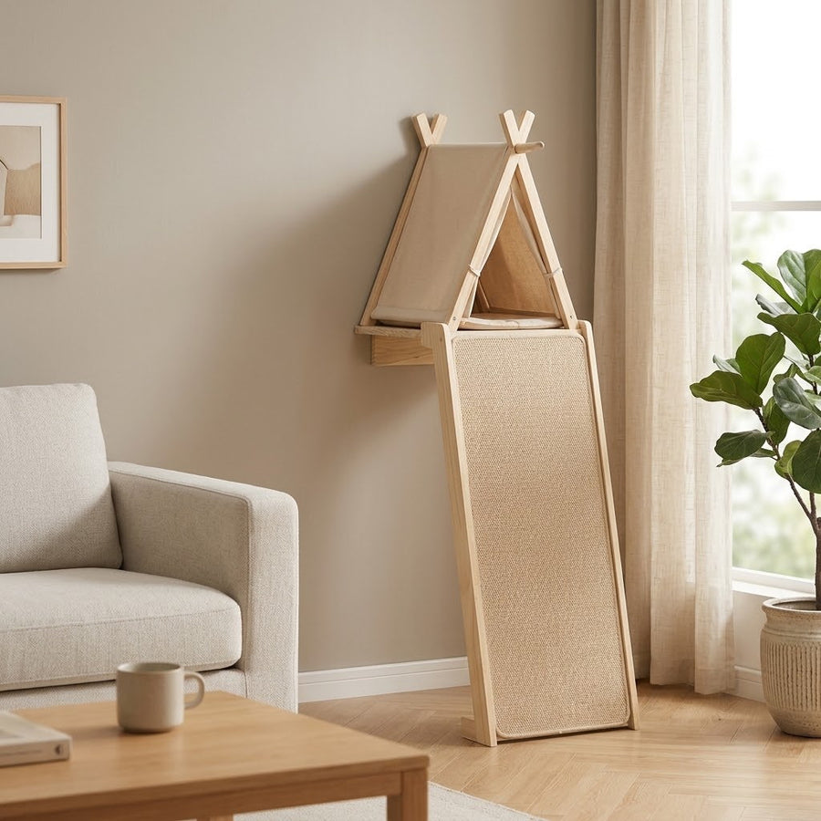 Arbre à chat mural avec tente et rampe sisal — Hytte