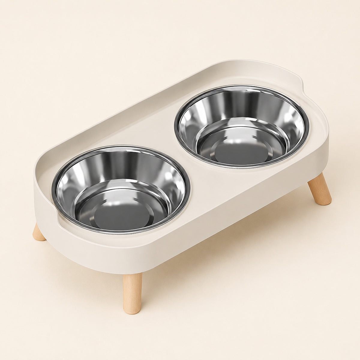 Gamelle double surélevée Cozylow Bo, bols inox et pieds en bois