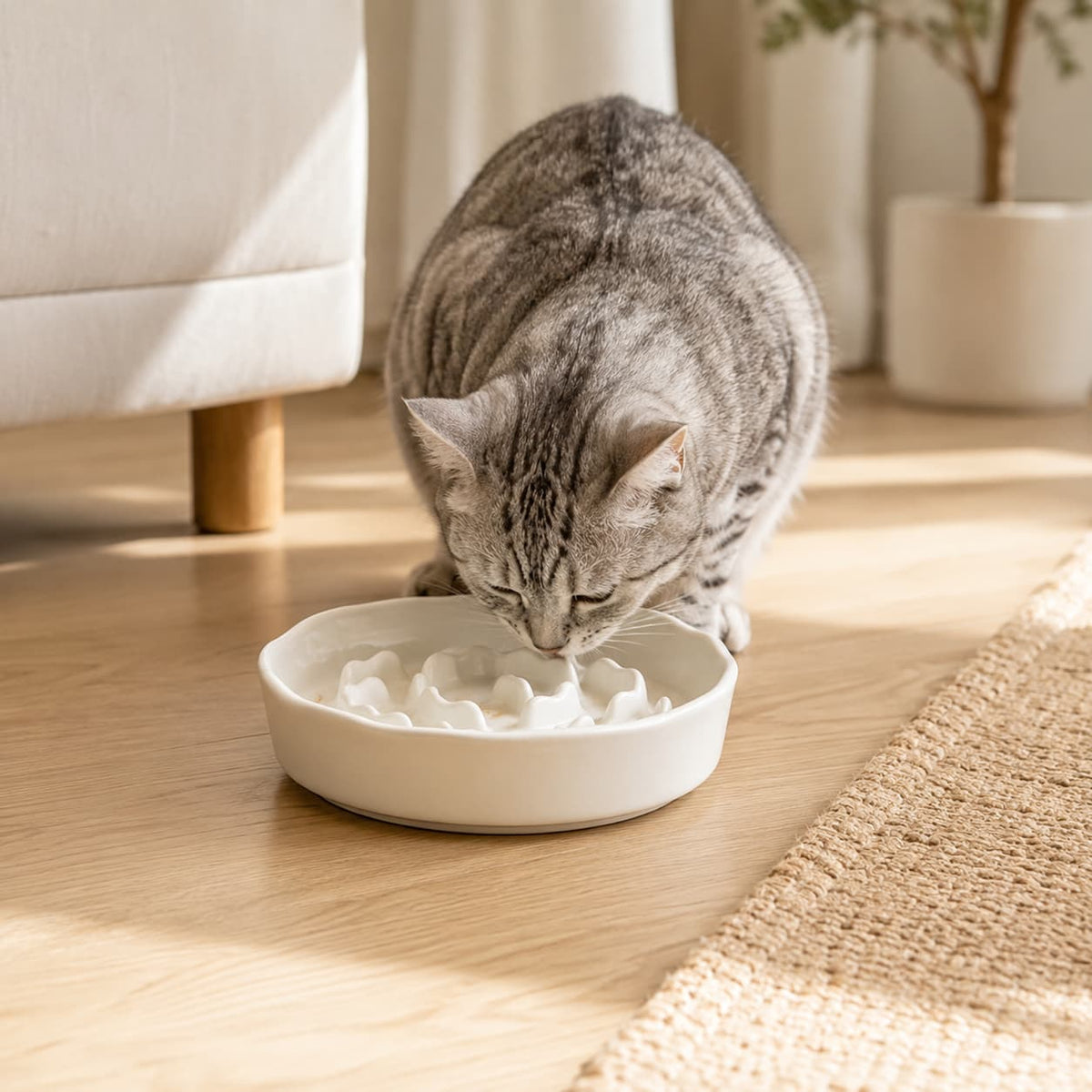 Gamelle anti-glouton en céramique Ro dans un coin repas pour chat