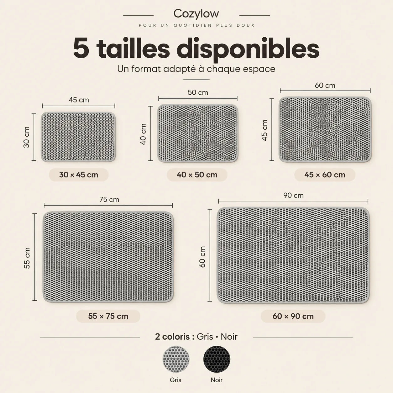 Guide des tailles du tapis de litière Korn