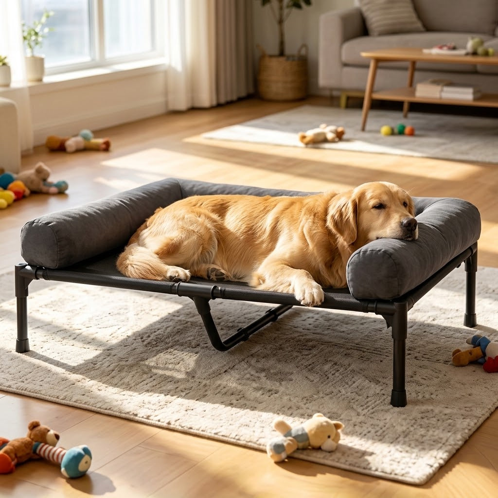 Lit surélevé Sval pour chien — vue du couchage rembourré