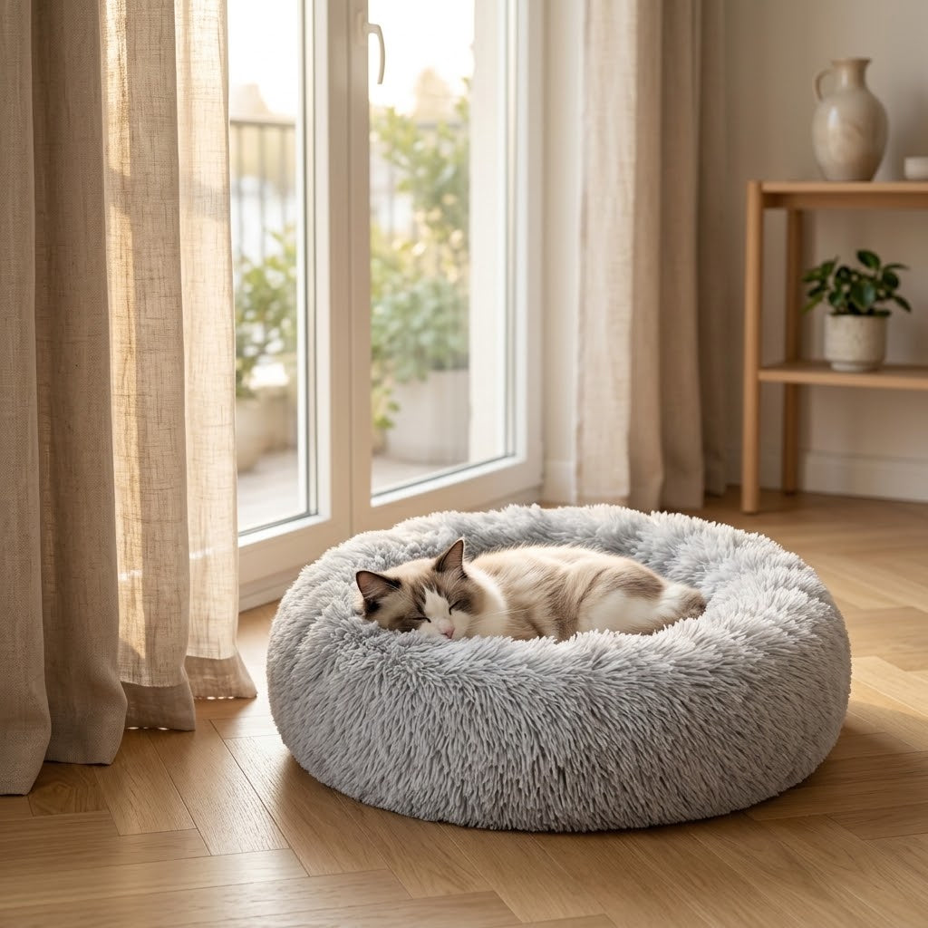 Panier donut Dun pour chat — chat installé dans le couchage
