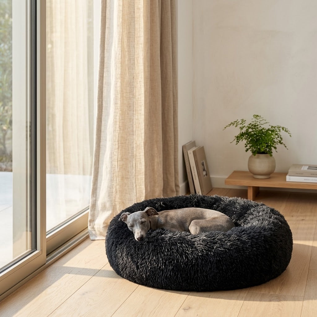 Panier donut Dvala — chien installé dans le couchage
